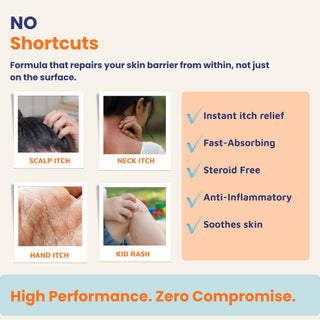 Steroid-free Calming Anti-Itch Lotion for scalp itch, neck itch, hand itch, kid rashes, eczema, and dry itchy skin. Fast-absorbing barrier repair lotion with instant itch relief and anti-inflammatory benefits.