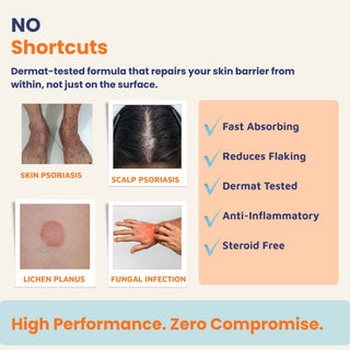 Restorative Oil for skin psoriasis, scalp psoriasis, lichen planus and fungal infection with a dermatologist-tested steroid-free formula that repairs the skin barrier.