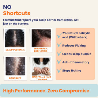  Restorative Shampoo with 2% natural salicylic acid from willow bark reduces dandruff, scalp buildup, itching, and inflammation. Steroid-free scalp barrier repair shampoo for scalp psoriasis, seborrheic dermatitis, and hair fall.