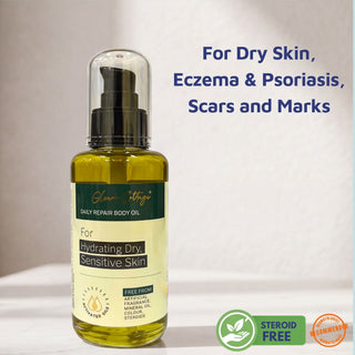 Daily Repair Body Oil for dry skin, eczema, psoriasis, scars, stretch marks, and uneven skin tone. Steroid-free barrier repair body oil recommended by dermatologists for sensitive skin.