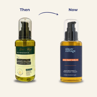 Oleum Cottage Daily Repair Body Oil bottle with new navy packaging featuring Barrier Lipid Complex, French Lavender and Vitamin E.
