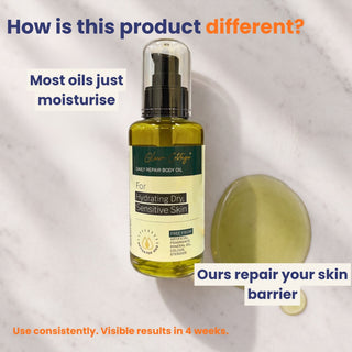 Daily Repair Body Oil repairs the skin barrier instead of only moisturizing. Fast-absorbing body oil for dry skin, eczema, psoriasis, scars, and rough skin with visible results in four weeks.
