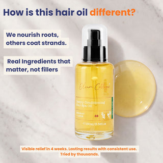 Deeply Conditioning Hair Growth Oil nourishes hair roots instead of coating strands. Barrier repair hair oil with rosemary and castor oil for hair fall, alopecia, and visible hair growth in four weeks.