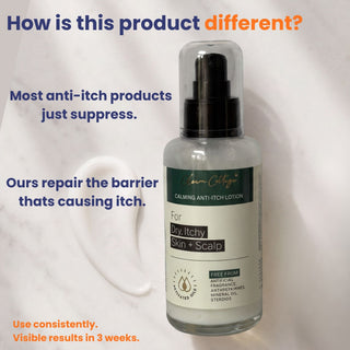 Calming Anti Itch Lotion repairs the skin barrier instead of only suppressing itching. Steroid-free barrier repair lotion with visible itch relief and healthier skin in as little as three weeks.