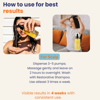 How to use Deeply Conditioning Hair Growth Oil for hair fall, hair thinning, alopecia, and scalp health. Massage into the scalp, leave for two hours or overnight, then wash with Restorative Shampoo for best results.