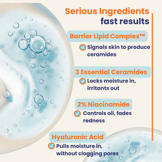 Barrier Repair Cream ingredients including Barrier Lipid Complex, three essential ceramides, niacinamide and hyaluronic acid for acne-prone, oily, combination and sensitive skin