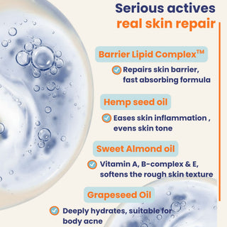 Daily Repair Body Oil with Barrier Lipid Complex™, hemp seed oil, grapeseed oil, and sweet almond oil repairs the skin barrier, hydrates dry skin, calms inflammation, and improves uneven skin tone.