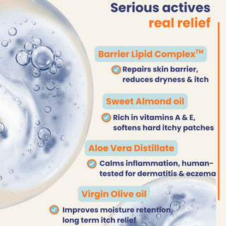 Calming Anti Itch Lotion with Barrier Lipid Complex™, sweet almond oil, virgin olive oil, and aloe vera helps repair the skin barrier, relieve itching, reduce inflammation, and deeply moisturize dry skin and scalp.