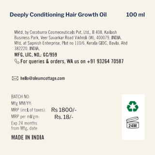 Oleum Cottage Deeply Conditioning Hair Growth Oil 100ml with rosemary oil and castor oil for hair fall, hair thinning, alopecia, balding, scalp barrier repair, and healthy hair growth.