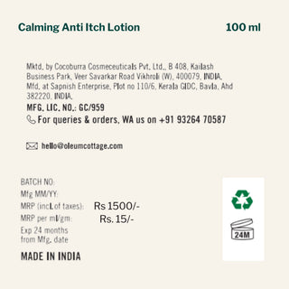 Oleum Cottage Calming Anti Itch Lotion 100ml steroid-free barrier repair lotion for itchy skin, itchy scalp, psoriasis, seborrheic dermatitis, eczema, and dry sensitive skin with fast itch relief.