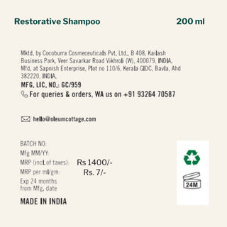  Oleum Cottage Restorative Shampoo 200ml steroid-free scalp barrier repair shampoo for scalp psoriasis, seborrheic dermatitis, dandruff, itchy flaky scalp, and hair fall.