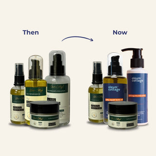 Oleum Cottage scalp and skin care bundle with new Daily Repair Body Oil packaging, alongside Restorative Oil, Calming Anti-Itch Lotion and Ultra Healing Cream.
