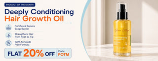 Oleum Cottage Deeply Conditioning Hair Growth Oil promotional banner with 20% off offer, minoxidil-free hair growth oil that strengthens hair from root to tip, delays premature greying, and fortifies the scalp barrier.