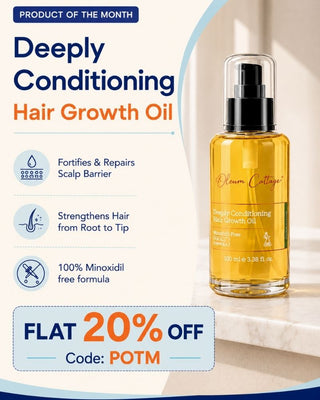 Oleum Cottage Deeply Conditioning Hair Growth Oil promotional banner with 20% off offer, minoxidil-free hair growth oil that strengthens hair from root to tip, delays premature greying, and fortifies the scalp barrier.
