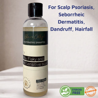 Restorative Shampoo for scalp psoriasis, seborrheic dermatitis, dandruff, itchy flaky scalp, and hair fall. Steroid-free scalp barrier repair shampoo recommended by dermatologists for sensitive scalps.