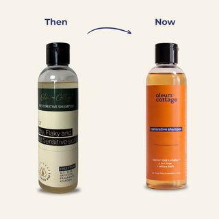 Oleum Cottage Restorative Shampoo bottle with new orange packaging featuring Barrier Lipid Complex, Tea Tree and Willow Bark