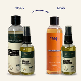  Oleum Cottage scalp care 2-step bundle with new Restorative Shampoo packaging, alongside Restorative Oil.