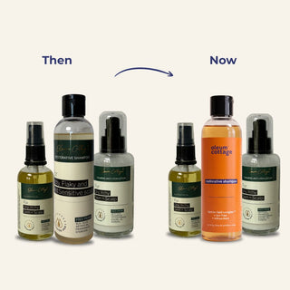 Oleum Cottage scalp care 3-step bundle with new Restorative Shampoo packaging, alongside Restorative Oil and Calming Anti-Itch Lotion.