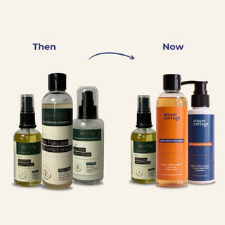 Oleum Cottage scalp care 3-step bundle with new Restorative Shampoo packaging, alongside Restorative Oil and Calming Anti-Itch Lotion.
