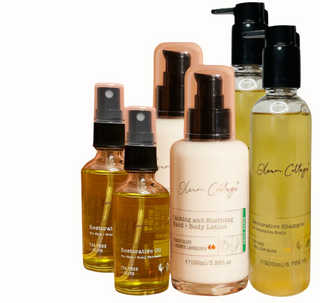 An image showcasing two sets of Scalp Psoriasis and Dermatitis 3 Step Care Bundle. The bottles are labeled as Restorative Oil, Restorative Shampoo, and Calming Lotion.