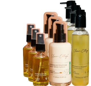 An image showcasing three sets of Scalp Psoriasis and Dermatitis 3 Step Care Bundle. The bottles are labeled as Restorative Oil, Restorative Shampoo, and Calming Lotion.