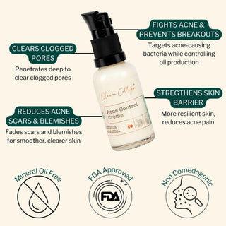Key benefits of Acne Control Cream: clears clogged pores, reduces acne scars, prevents breakouts, strengthens skin barrier