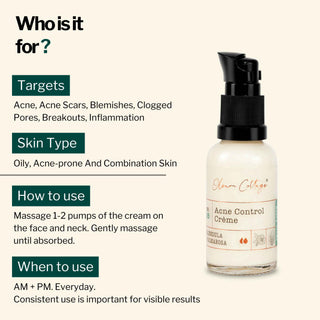Who can use Oleum Cottage Acne Control Cream, suitable skin types, and daily usage instructions for best acne results