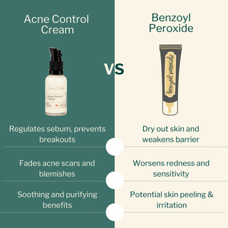 Acne Control Cream compared to Benzoyl Peroxide – gentle oil-based acne care vs harsh drying chemical treatment