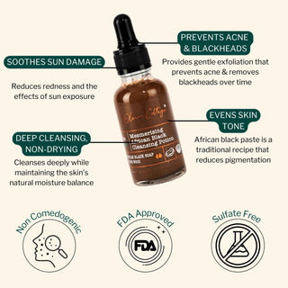 Key benefits of African Black Facewash include deep cleansing, preventing acne and blackheads, soothing sun damage, and evening skin tone.