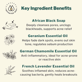 African Black Facewash ingredients include African black soap, geranium, chamomile, and lavender essential oils for acne relief, dark spot fading, and soothing reactive skin.