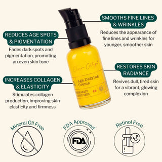 Key benefits of Age Defying Cream – reduces wrinkles, age spots, pigmentation, restores radiance, and boosts collagen naturally.