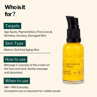 Guide to Age Defying Cream – targets age spots, fine lines, pigmentation, dryness; suitable for mature and aging skin.