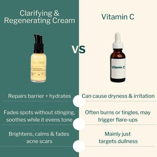 Clarifying and Regenerating Cream vs Vitamin C – repairs skin barrier, fades acne scars, hydrates and brightens without irritation.