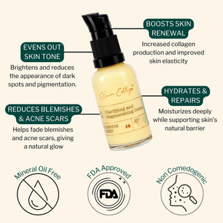 Key benefits of Clarifying & Regenerating Cream – evens out skin tone, reduces blemishes, fades acne scars, boosts skin renewal, and hydrates deeply.