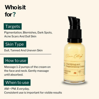 Clarifying and Regenerating Cream targets pigmentation, acne scars, blemishes, and dull skin. Suitable for dull, tanned, uneven skin. Usage: AM + PM daily.