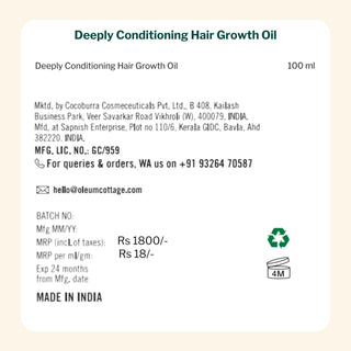 Oleum Cottage Deeply Conditioning Hair Growth Oil, 100ml bottle priced at Rs.1800, Made in India, dermatologist tested, FDA approved, and minoxidil-free.