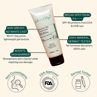 Key benefits of Mineral Gel Sunscreen include broad spectrum SPF 45, non-greasy no white cast texture, mineral-based sun protection, and barrier repair.