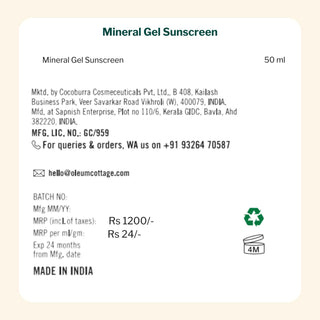 Oleum Cottage Mineral Gel Sunscreen, 50ml tube priced at Rs.1200, Made in India, dermat tested, fragrance free, non-comedogenic, and FDA approved.