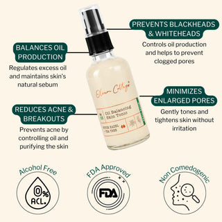 Key benefits of Oil Balancing Skin Tonic – balances oil production, prevents blackheads, minimizes enlarged pores, reduces acne and breakouts.