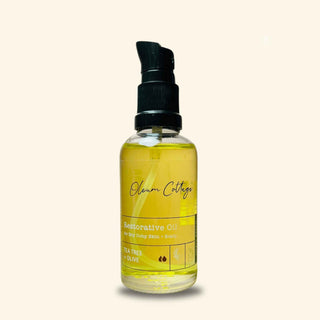 Restorative Oil by Oleum Cottage for psoriasis, eczema, dandruff, and sensitive skin + scalp care in 50ml pump bottle.