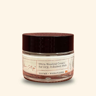 Oleum Cottage Ultra Healing Cream for psoriasis, eczema, dermatitis, and dry inflamed skin in 40gm glass jar.