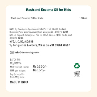 Oleum Cottage Rash and Eczema Oil for Kids, 100ml bottle priced at Rs.1650, Made in India, dermatologically tested, mineral oil free and steroid free.