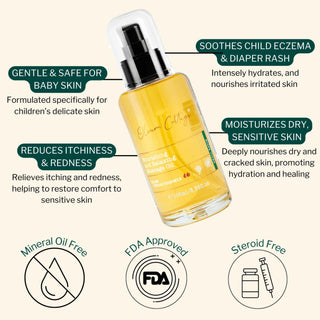 Key benefits of Rash and Eczema Oil for Kids include soothing child eczema, diaper rash, reducing itching, calming redness, and moisturizing dry sensitive skin.