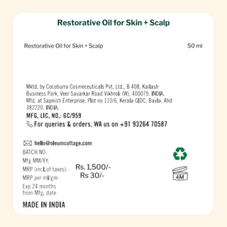Restorative Oil for skin and scalp by Oleum Cottage, 50ml bottle with Rs. 1500 price, made in India, dermatologically tested and steroid-free.