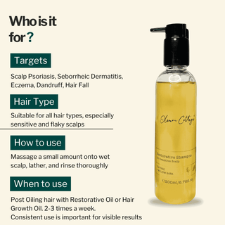 Restorative Shampoo suitable for scalp psoriasis, seborrheic dermatitis, dandruff, eczema, and sensitive scalps. Ideal for all hair types.