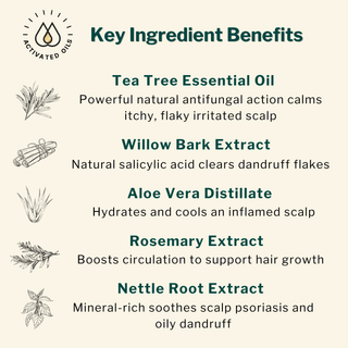 Tea Tree Oil, Willow Bark Extract, Aloe Vera, and Rosemary in Oleum Cottage Restorative Shampoo support scalp health and provide hydration and anti-inflammatory benefits.
