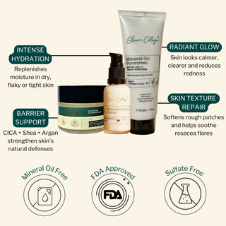 Key skin benefits of the Sensitive Skin 3-Step Routine — intense hydration, barrier support with CICA, shea and argan oil, skin texture repair, and radiant glow for dry, rosacea-prone skin.