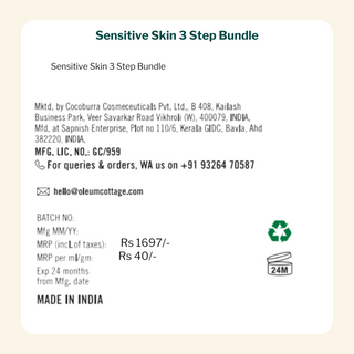 Pricing, MRP, expiry, and contact details for Oleum Cottage Sensitive Skin 3-Step Bundle — dermatologically safe, made in India, and ideal for long-term use.