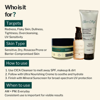 Usage instructions and target skin types for Oleum Cottage’s Sensitive Skin Bundle — designed for redness, dullness, UV sensitivity, and overcleansed Indian skin. AM + PM application.