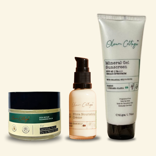 Sensitive skin essentials from Oleum Cottage – CICA Repair Cleansing Balm, Ultra Nourishing Crème, and Mineral Gel Sunscreen for Indian skin prone to redness, dryness, and barrier damage.